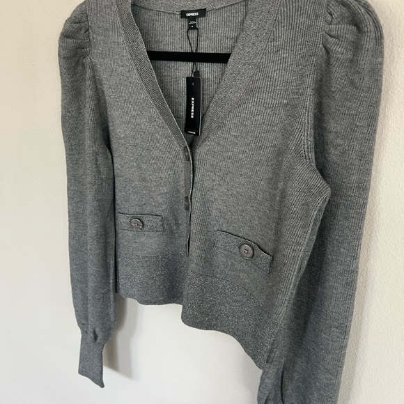 Express Shine Tipped V-Neck Cardigan Gray - Picture 3 of 6